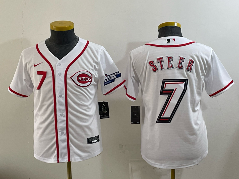 Youth Cincinnati Reds #7 Steer white Nike MLB 2025 Jersey 001
